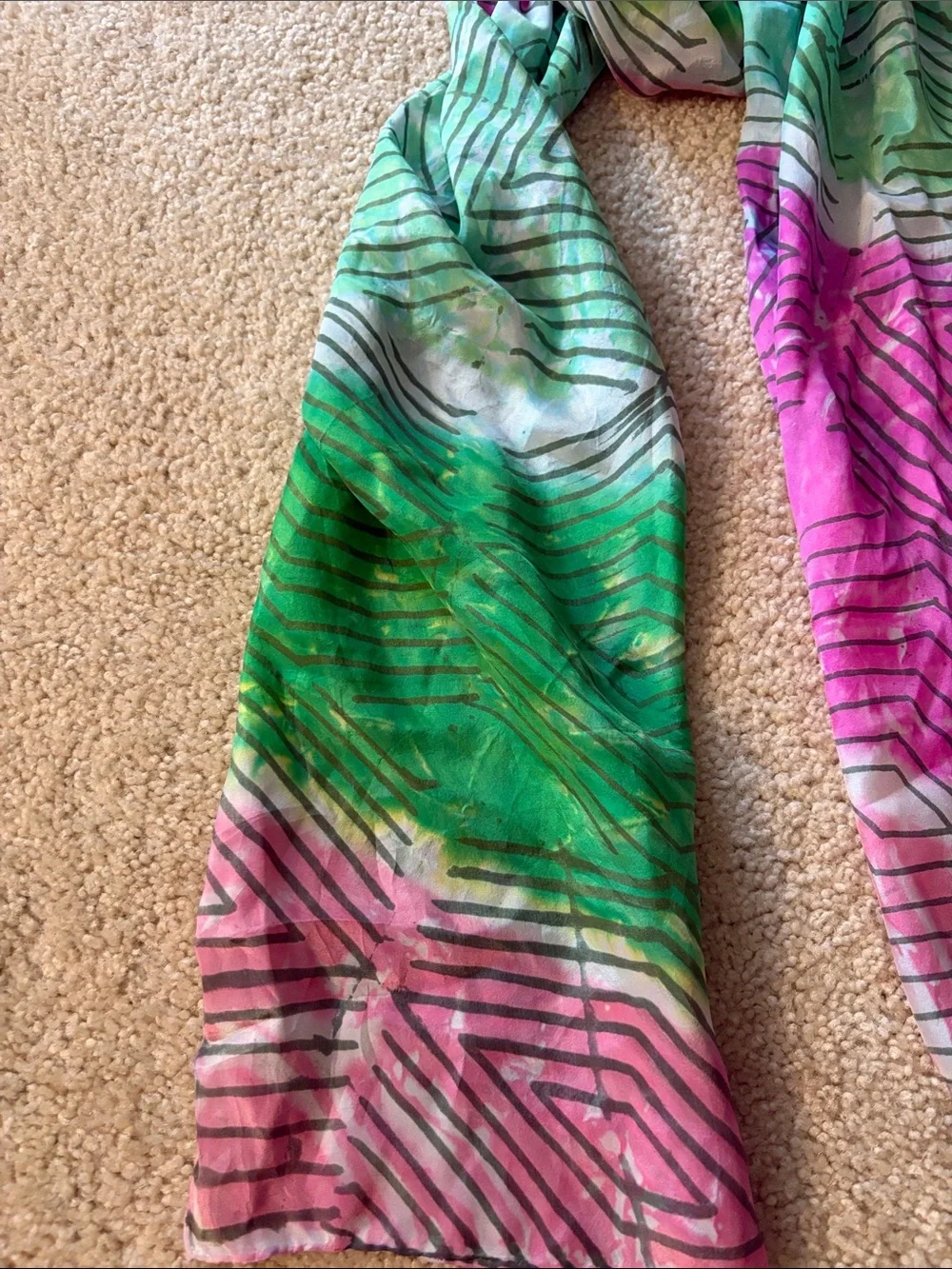 Vibrant Green, White and Pink Geometric Patterned Women's Scarf -  100% Silk